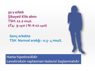 50 y erkek
Şikayeti Kilo alımı
TSH: 11.2 mıu/L
sT4: 9 ng/dl ( N: 8-12 ng/dl)

 Genç erkekte
 TSH Normal aralığı : 0.5- 4 mıu/L



Hasta hipotiroididir
Levotiroksin replasman tedavisi başlanmalıdır
 