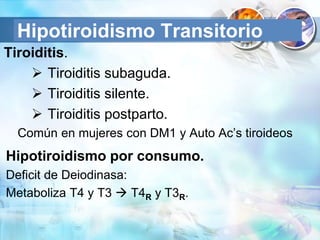 Hipotiroidismo Transitorio
Tiroiditis.
 Tiroiditis subaguda.
 Tiroiditis silente.
 Tiroiditis postparto.
Común en mujeres con DM1 y Auto Ac’s tiroideos
Hipotiroidismo por consumo.
Deficit de Deiodinasa:
Metaboliza T4 y T3  T4R y T3R.
 