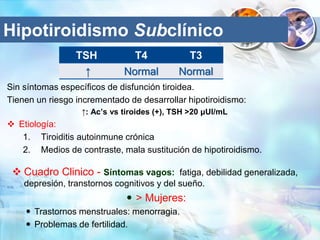 Hipotiroidismo Subclínico
Sin síntomas específicos de disfunción tiroidea.
Tienen un riesgo incrementado de desarrollar hipotiroidismo:
↑: Ac’s vs tiroides (+), TSH >20 μUI/mL
 Etiología:
1. Tiroiditis autoinmune crónica
2. Medios de contraste, mala sustitución de hipotiroidismo.
TSH T4 T3
↑ Normal Normal
 Cuadro Clinico - Síntomas vagos: fatiga, debilidad generalizada,
depresión, transtornos cognitivos y del sueño.
 > Mujeres:
 Trastornos menstruales: menorragia.
 Problemas de fertilidad.
 