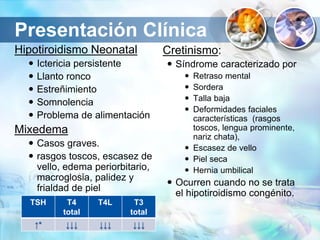 Presentación Clínica
Hipotiroidismo Neonatal
 Ictericia persistente
 Llanto ronco
 Estreñimiento
 Somnolencia
 Problema de alimentación
Mixedema
 Casos graves.
 rasgos toscos, escasez de
vello, edema periorbitario,
macroglosia, palidez y
frialdad de piel
 Cretinismo:
 Síndrome caracterizado por
 Retraso mental
 Sordera
 Talla baja
 Deformidades faciales
características (rasgos
toscos, lengua prominente,
nariz chata),
 Escasez de vello
 Piel seca
 Hernia umbilical
 Ocurren cuando no se trata
el hipotiroidismo congénito.
TSH T4
total
T4L T3
total
↑* ↓↓↓ ↓↓↓ ↓↓↓
 