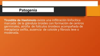 Tiroiditis de Hashimoto existe una infiltración linfocítica
marcada de la glándula tiroides con formación de centros
germinales, atrofia de folículos tiroideos acompañada de
metaplasia oxifila, ausencia de coloide y fibrosis leve o
moderada.
HIPOTIROIDISMO AUTOINMUNITARIO
Patogenia
 
