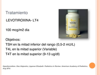 Tratamiento !
• LEVOTIROXINA- LT4!
!
100 mcg/m2 dia!
!
Objetivos:!
TSH en la mitad inferior del rango (0,5-2 mU/L)!
T4L en la mitad superior (Variable)!
T4T en la mitad superior (9-13 ug/dl)!
!
!
Hypothyroidism. Díaz Alejandro, Lippman Elizabeth. Pediatrics in Review. American Academy of Pediatrics.
Aug 2014.	
  
 