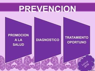 PREVENCION
PROMOCION
A LA
SALUD
DIAGNOSTICO
TRATAMIENTO
OPORTUNO
 