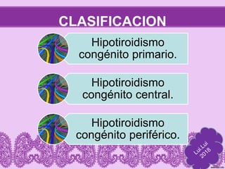 CLASIFICACION
Hipotiroidismo
congénito primario.
Hipotiroidismo
congénito central.
Hipotiroidismo
congénito periférico.
 