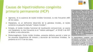 Causas de hipotiroidismo congénito
primario permanente (HCP)
 Agenesia, es la ausencia de tejido tiroideo funcional, la más frecuente (40%
de los casos).
 Hipoplasia, es un deficiente desarrollo de la glándula tiroides, el tejido
existente es pequeño llamado “nódulo tiroideo”.
 Ectopia, el tejido tiroideo funcional de localización extracervical, se asocia
con hipoplasia, la más frecuente es el “nódulo sublingual”, el 50-60 % de HCP
se deben a esta alteración.
 Dishormogénesis: Existe tejido tiroideo, presenta defecto parcial o total en
los procesos bioquímicos de síntesis y secreción de hormonas tiroideas. Se
presenta en el 5 % de los casos.
 