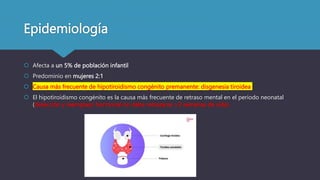 Epidemiología
 Afecta a un 5% de población infantil
 Predominio en mujeres 2:1
 Causa más frecuente de hipotiroidismo congénito premanente: disgenesia tiroidea
 El hipotiroidismo congénito es la causa más frecuente de retraso mental en el periodo neonatal
(detección y reemplazo hormonal no debe retrazarse >2 semanas de vida)
 