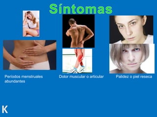 Períodos menstruales
abundantes
Dolor muscular o articular Palidez o piel reseca
 