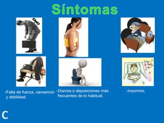 -Falta de fuerza, cansancio
y debilidad.
-Diarrea o deposiciones más
frecuentes de lo habitual.
-Insomnio.
 