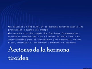 •La alteración del nivel de la hormona tiroidea afecta los
principales órganos del cuerpo
•La hormona tiroidea cumple dos funciones fundamentales:
acelera el metabolismo y la síntesis de proteínas y es
imprescindible para el crecimiento y el desarrollo de los
niños, incluidos el desarrollo y maduración sexuales


Acciones de la hormona
tiroidea
 