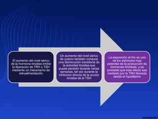 Un aumento del nivel sérico
                                                                   La exposición al frio es uno
                                 de yoduro también conduce
 El aumento del nivel sérico                                          de los estímulos mas
                                una disminución transitoria de
de la hormona tiroidea inhibe                                     potentes de la producción de
                                   la actividad tiroidea que
 la liberación de TRH o TSH                                         hormonas tiroideas, y es
                                puede persistir durante varias
 mediante un mecanismo de                                         probable que este efecto sea
                                 semanas, tal vez durante la
       retroalimentación                                          mediado por la TRH liberada
                                inhibición directa de la acción
                                                                      desde el hipotálamo
                                      tiroidea de la TSH
 