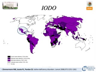 - Zimmermann MB, Jooste PL, Pandav CS. Iodine-deficiency disorders. Lancet.2008;372:1251-1262.
IODO
• Deteriora síntesis de
hormonas tiroideas.
• Precipita la tiroiditis
autoinmune.
• Terapia con yodo radioactivo
en Ca de tiroides, enf. de
Graves, nódulos tiroidos
hiperfuncionantes o bocio
tóxico multinodular.
 