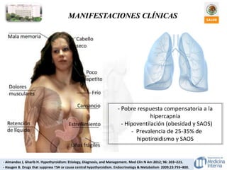 MANIFESTACIONES CLÍNICAS
- Almandoz J, Gharib H. Hypothyroidism: Etiology, Diagnosis, and Management. Med Clin N Am 2012; 96: 203–221.
- Haugen B. Drugs that suppress TSH or cause central hypothyroidism. Endocrinology & Metabolism 2009;23:793–800.
- Pobre respuesta compensatoria a la
hipercapnia
- Hipoventilación (obesidad y SAOS)
- Prevalencia de 25-35% de
hipotiroidismo y SAOS
 
