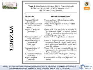 TAMIZAJE
Garber J et al. Clinical Practice Guidelines for Hypothyroidism in Adults: Cosponsored by the American Association of
Clinical Endocrinologists and the American Thyroid Association. THYROID 2012; 22(12): 1200-37.
 