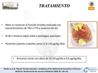 TRATAMIENTO
Muller A, et al. Thyroid function disorders - Guidelines of the Netherlands Association of Internal
Medicine. Neetherlands the Journal of Medicine 2008; 66: 134-142.
• Meta es restaurar la función tiroidea evaluada con
concentraciones de TSH o FT4 y ausencia de stx.
• DI de L-tiroxina según edad y patologías asociadas.
• Pacientes jóvenes y adultos sanos (1.6-1.8 μg/kg /día)
• Ancianos iniciar con dosis de 25-50 μg/día o 0.5 μg/kg/dia.
 