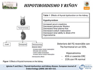 HIPOTIROIDISMO Y RIÑON
- Iglesias P and Díez J. Thyroid dysfunction and kidney disease. European Journal of
Endocrinology (2009) 160 503–515.
Deterioro del FG reversible con
Tto hormonal en un 55%.
Hiponatremia
- 45% si coexiste ERC
- 21% con FR normal
 