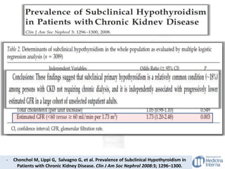 - Chonchol M, Lippi G, Salvagno G, et al. Prevalence of Subclinical Hypothyroidism in
Patients with Chronic Kidney Disease. Clin J Am Soc Nephrol 2008:3; 1296–1300.
Estudio de la FT en el dx
de Lesión Renal de causa
no confirmada es
recomendable,
considerando el HSC o
manifiesto entre las
POSIBLES causas
17,9%
7%
 