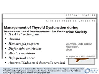 - Stagnaro A, Abalovich M, et al. Guidelines of the American Thyroid Association for the Diagnosis and Management of
Thyroid Disease During Pregnancy and Postpartum The American Thyroid Association Taskforce on Thyroid Disease
During Pregnancy and Postpartum. THYROID 2011; 21 (10):1081-1125.
 
