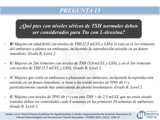 PREGUNTA 13
- R/ Mujeres en edad fértil con niveles de TSH (2,5 mUI/L y LSN), si esta en el 1er trimestre
del embarazo o planea un embarazo, incluyendo la reproducción asistida en un futuro
inmediato. Grado B, Level 2.
- R/ Mujeres en 2do trimestre con niveles de TSH (3,0 mUI/L y LSN), y en el 3er trimestre
con niveles de TSH (3,5 mUI/L y LSN). Grado B, Level 2.
- R/ Mujeres que estén en embarazo o planeando un embarazo, incluyendo la reproducción
asistida en un futuro inmediato, si tiene o ha tenido niveles de TPO Ab (+),
particularmente cuando hay antecedente de aborto involuntario. Grado B, Level 2.
- R/ Mujeres con niveles de TPO Ab (+) con una TSH > de 2,5 mUI/L que no están siendo
tratadas deben ser controlados cada 4 semanas en las primeras 20 semanas de embarazo.
Grado B. Level 2.
Garber J et al. Clinical Practice Guidelines for Hypothyroidism in Adults: Cosponsored by the American Association of
Clinical Endocrinologists and the American Thyroid Association. THYROID 2012; 22(12): 1200-37.
¿Qué ptes con niveles séricos de TSH normales deben
ser considerados para Tto con L-tiroxina?
 