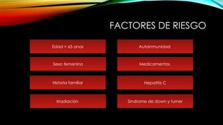FACTORES DE RIESGO
Edad > 65 anos
Sexo femenino
Historia familiar
Irradiación Sindrome de down y turner
Hepatitis C
Medicamentos
Autoinmunidad
 