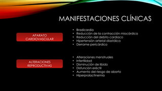 MANIFESTACIONES CLÍNICAS
APARATO
CARDIOVASCULAR
• Bradicardia
• Reducción de la contracción miocárdica
• Reducción del debito cardiaco
• Hipertensión arterial diastólica
• Derrame pericárdico
ALTERACIONES
REPRODUCTIVAS
• Alteraciones menstruales
• Infertilidad
• Disminución de libido
• Disfunción eréctil
• Aumento del riesgo de aborto
• Hiperprolactinemia
 