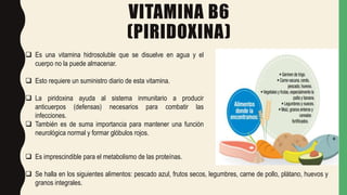 VITAMINA B6
(PIRIDOXINA)
 Es una vitamina hidrosoluble que se disuelve en agua y el
cuerpo no la puede almacenar.
 Esto requiere un suministro diario de esta vitamina.
 La piridoxina ayuda al sistema inmunitario a producir
anticuerpos (defensas) necesarios para combatir las
infecciones.
 También es de suma importancia para mantener una función
neurológica normal y formar glóbulos rojos.
 Es imprescindible para el metabolismo de las proteínas.
 Se halla en los siguientes alimentos: pescado azul, frutos secos, legumbres, carne de pollo, plátano, huevos y
granos integrales.
 