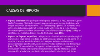 CAUSAS DE HIPOXIA
• Hipoxia circulatoria Al igual que en la hipoxia anémica, la Pao2 es normal, pero
las Po2 venosa e hística disminuyen a causa del menor riego a los tejidos y la
mayor extracción de 02 por ellos. Esta fisiopatología genera un aumento en la
diferencia del oxígeno arterial-venoso mixto (diferencia 02 a-v). La hipoxia
circulatoria generalizada se produce en la insuficiencia cardiaca (cap. 252) y en
casi todas las modalidades del estado de choque (cap. 296).
• Hipoxia de órganos específicos La hipoxia circulatoria localizada puede surgir al
disminuir el riego como resultado de obstrucción de alguna arteria, como en el
caso de la aterosclerosis localizada en cualquier lecho vascular o como
consecuencia de constricción, como la observada en el fenómeno de Raynaud
(cap. 275). Dicha modalidad de hipoxia también puede ser consecuencia de
obstrucción venosa y la expansión resultante del líquido intersticial causa
compresión arterial que, por tanto, disminuye la circulación en su interior.
 