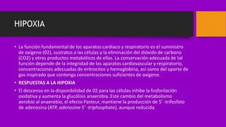 HIPOXIA
• La función fundamental de los aparatos cardiaco y respiratorio es el suministro
de oxígeno (02), sustratos a las células y la eliminación del dióxido de carbono
(CO2) y otros productos metabólicos de ellas. La conservación adecuada de tal
función depende de la integridad de los aparatos cardiovascular y respiratorio,
concentraciones adecuadas de eritrocitos y hemoglobina, así como del aporte de
gas inspirado que contenga concentraciones suficientes de oxígeno.
• RESPUESTAS A LA HIPOXIA
• El descenso en la disponibilidad de 02 para las células inhibe la fosforilación
oxidativa y aumenta la glucólisis anaerobia. Este cambio del metabolismo
aerobio al anaerobio, el efecto Pasteur, mantiene la producción de 5' -trifosfato
de adenosina (ATP, adenosine 5' -triphosphate), aunque reducida.
 
