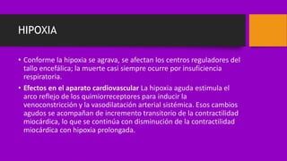 HIPOXIA
• Conforme la hipoxia se agrava, se afectan los centros reguladores del
tallo encefálica; la muerte casi siempre ocurre por insuficiencia
respiratoria.
• Efectos en el aparato cardiovascular La hipoxia aguda estimula el
arco reflejo de los quimiorreceptores para inducir la
venoconstricción y la vasodilatación arterial sistémica. Esos cambios
agudos se acompañan de incremento transitorio de la contractilidad
miocárdica, lo que se continúa con disminución de la contractilidad
miocárdica con hipoxia prolongada.
 