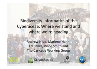 Biodiversity	
  Informa1cs	
  of	
  the	
  
Cyperaceae:	
  Where	
  we	
  stand	
  and	
  
where	
  we’re	
  heading	
  
Andrew	
  Hipp,	
  Marlene	
  Hahn,	
  	
  
Ed	
  Baker,	
  Vince	
  Smith	
  and	
  	
  
The	
  Cariceae	
  Working	
  Group	
  
 