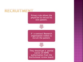 Privacy rule allows the
physician to recruit his
own patient.
If a contract Research
organization wishes to
recruit the patient.
They should get a partial
waiver of HIPPA
authorization from the
Institutional review board.
 