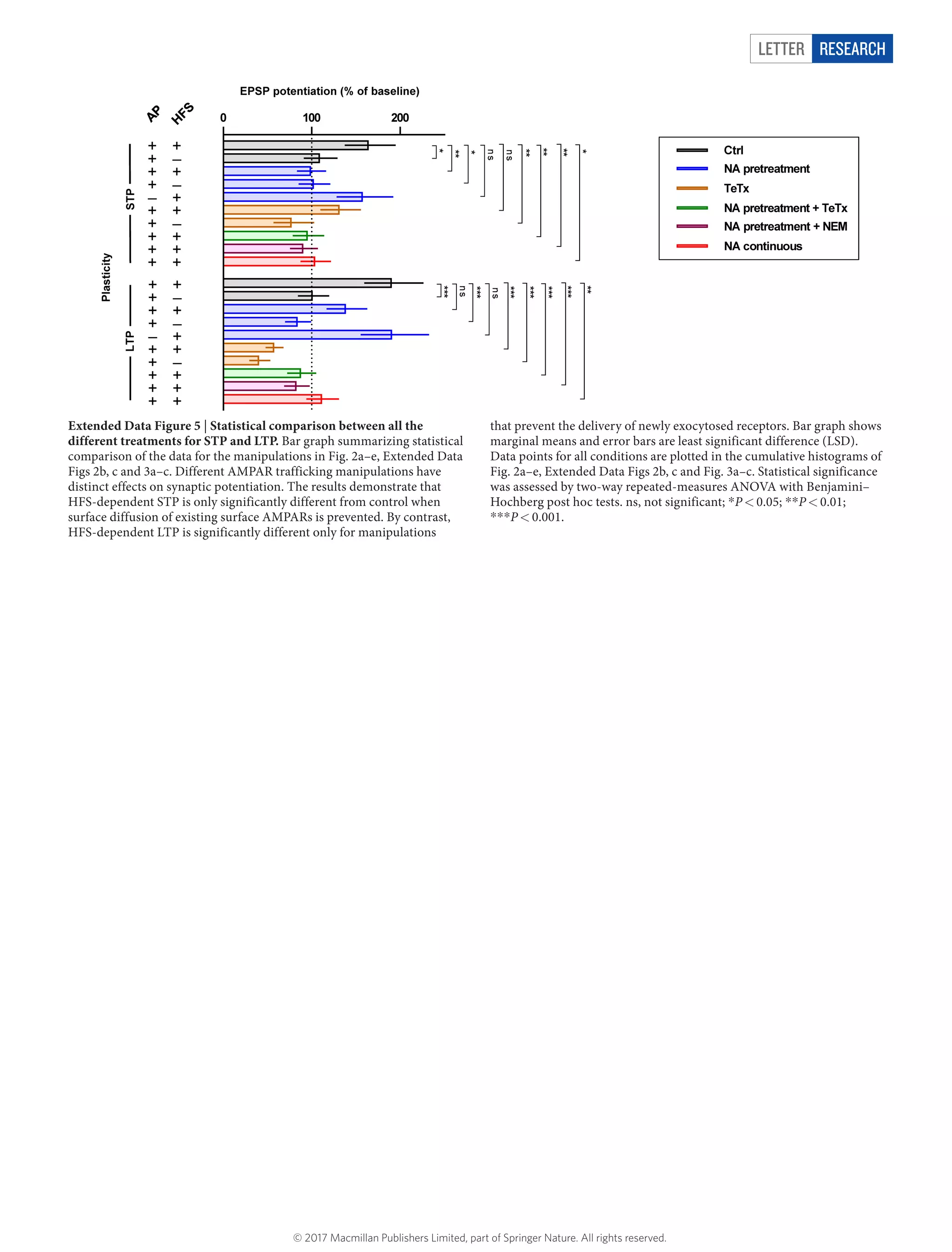 Letter RESEARCH
Extended Data Figure 5 | Statistical comparison between all the
different treatments for STP and LTP. Bar graph summarizing statistical
comparison of the data for the manipulations in Fig. 2a–e, Extended Data
Figs 2b, c and 3a–c. Different AMPAR trafficking manipulations have
distinct effects on synaptic potentiation. The results demonstrate that
HFS-dependent STP is only significantly different from control when
surface diffusion of existing surface AMPARs is prevented. By contrast,
HFS-dependent LTP is significantly different only for manipulations
that prevent the delivery of newly exocytosed receptors. Bar graph shows
marginal means and error bars are least significant difference (LSD).
Data points for all conditions are plotted in the cumulative histograms of
Fig. 2a–e, Extended Data Figs 2b, c and Fig. 3a–c. Statistical significance
was assessed by two-way repeated-measures ANOVA with Benjamini–
Hochberg post hoc tests. ns, not significant; *​P <​ 0.05; *​*​P <​ 0.01;
*​*​*​P <​ 0.001.
© 2017 Macmillan Publishers Limited, part of Springer Nature. All rights reserved.
 