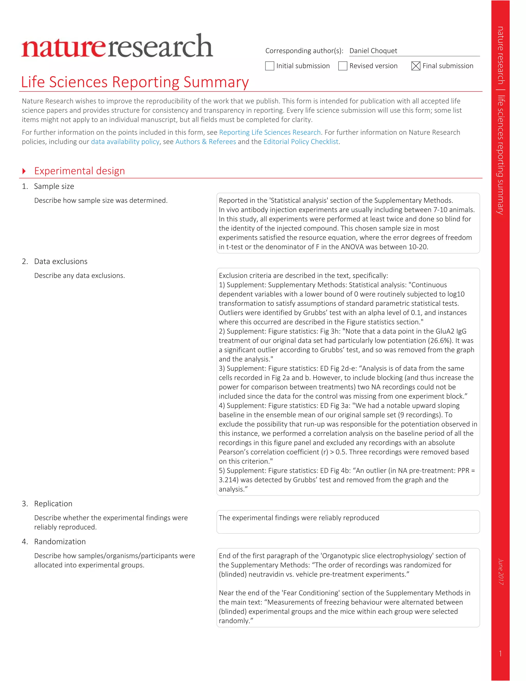 1
natureresearch|lifesciencesreportingsummaryJune2017
Corresponding author(s): Daniel Choquet
Initial submission Revised version Final submission
Life Sciences Reporting Summary
Nature Research wishes to improve the reproducibility of the work that we publish. This form is intended for publication with all accepted life
science papers and provides structure for consistency and transparency in reporting. Every life science submission will use this form; some list
items might not apply to an individual manuscript, but all fields must be completed for clarity.
For further information on the points included in this form, see Reporting Life Sciences Research. For further information on Nature Research
policies, including our data availability policy, see Authors & Referees and the Editorial Policy Checklist.
Experimental design
1. Sample size
Describe how sample size was determined. Reported in the 'Statistical analysis' section of the Supplementary Methods.
In vivo antibody injection experiments are usually including between 7-10 animals.
In this study, all experiments were performed at least twice and done so blind for
the identity of the injected compound. This chosen sample size in most
experiments satisfied the resource equation, where the error degrees of freedom
in t-test or the denominator of F in the ANOVA was between 10-20.
2. Data exclusions
Describe any data exclusions. Exclusion criteria are described in the text, specifically:
1) Supplement: Supplementary Methods: Statistical analysis: "Continuous
dependent variables with a lower bound of 0 were routinely subjected to log10
transformation to satisfy assumptions of standard parametric statistical tests.
Outliers were identified by Grubbs’ test with an alpha level of 0.1, and instances
where this occurred are described in the Figure statistics section."
2) Supplement: Figure statistics: Fig 3h: "Note that a data point in the GluA2 IgG
treatment of our original data set had particularly low potentiation (26.6%). It was
a significant outlier according to Grubbs’ test, and so was removed from the graph
and the analysis."
3) Supplement: Figure statistics: ED Fig 2d-e: “Analysis is of data from the same
cells recorded in Fig 2a and b. However, to include blocking (and thus increase the
power for comparison between treatments) two NA recordings could not be
included since the data for the control was missing from one experiment block.”
4) Supplement: Figure statistics: ED Fig 3a: "We had a notable upward sloping
baseline in the ensemble mean of our original sample set (9 recordings). To
exclude the possibility that run-up was responsible for the potentiation observed in
this instance, we performed a correlation analysis on the baseline period of all the
recordings in this figure panel and excluded any recordings with an absolute
Pearson’s correlation coefficient (r) > 0.5. Three recordings were removed based
on this criterion."
5) Supplement: Figure statistics: ED Fig 4b: “An outlier (in NA pre-treatment: PPR =
3.214) was detected by Grubbs’ test and removed from the graph and the
analysis.”
3. Replication
Describe whether the experimental findings were
reliably reproduced.
The experimental findings were reliably reproduced
4. Randomization
Describe how samples/organisms/participants were
allocated into experimental groups.
End of the first paragraph of the 'Organotypic slice electrophysiology' section of
the Supplementary Methods: “The order of recordings was randomized for
(blinded) neutravidin vs. vehicle pre-treatment experiments.”
Near the end of the 'Fear Conditioning' section of the Supplementary Methods in
the main text: “Measurements of freezing behaviour were alternated between
(blinded) experimental groups and the mice within each group were selected
randomly.”
 