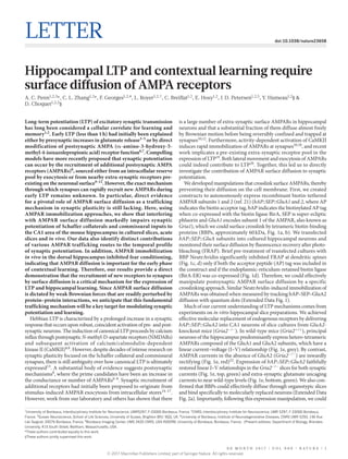 0 0 M o n t h 2 0 1 7 | V O L 0 0 0 | N A T U R E | 1
Letter doi:10.1038/nature23658
Hippocampal LTP and contextual learning require
surface diffusion of AMPA receptors
A. C. Penn1,2,3
*, C. L. Zhang1,2
*, F. Georges1,2,4
, L. Royer1,2,†
, C. Breillat1,2
, E. Hosy1,2
, J. D. Petersen1,2,5
, Y. Humeau1,2
§ &
D. Choquet1,2,5
§
Long-term potentiation (LTP) of excitatory synaptic transmission
has long been considered a cellular correlate for learning and
memory1,2
. Early LTP (less than 1 h) had initially been explained
either by presynaptic increases in glutamate release3–5
or by direct
modification of postsynaptic AMPA (α-amino-3-hydroxy-5-
methyl-4-isoxazolepropionic acid) receptor function6,7
. Compelling
models have more recently proposed that synaptic potentiation
can occur by the recruitment of additional postsynaptic AMPA
receptors (AMPARs)8
, sourced either from an intracellular reserve
pool by exocytosis or from nearby extra-synaptic receptors pre-
existing on the neuronal surface9–12
. However, the exact mechanism
through which synapses can rapidly recruit new AMPARs during
early LTP remains unknown. In particular, direct evidence
for a pivotal role of AMPAR surface diffusion as a trafficking
mechanism in synaptic plasticity is still lacking. Here, using
AMPAR immobilization approaches, we show that interfering
with AMPAR surface diffusion markedly impairs synaptic
potentiation of Schaffer collaterals and commissural inputs to
the CA1 area of the mouse hippocampus in cultured slices, acute
slices and in vivo. Our data also identify distinct contributions
of various AMPAR trafficking routes to the temporal profile
of synaptic potentiation. In addition, AMPAR immobilization
in vivo in the dorsal hippocampus inhibited fear conditioning,
indicating that AMPAR diffusion is important for the early phase
of contextual learning. Therefore, our results provide a direct
demonstration that the recruitment of new receptors to synapses
by surface diffusion is a critical mechanism for the expression of
LTP and hippocampal learning. Since AMPAR surface diffusion
is dictated by weak Brownian forces that are readily perturbed by
protein–protein interactions, we anticipate that this fundamental
trafficking mechanism will be a key target for modulating synaptic
potentiation and learning.
Hebbian LTP is characterized by a prolonged increase in a synaptic
response that occurs upon robust, coincident activation of pre- and post-
synaptic neurons. The induction of canonical LTP proceeds by calcium
influxthroughpostsynapticN-methyl-D-aspartatereceptors(NMDARs)
and subsequent activation of calcium/calmodulin-dependent
kinase II (CaMKII)6,8
. However, despite decades of intense research on
synaptic plasticity focused on the Schaffer collateral and commissural
synapses, there is still ambiguity over how canonical LTP is ultimately
expressed13
. A substantial body of evidence suggests postsynaptic
mechanisms8
, where the prime candidates have been an increase in
the conductance or number of AMPARs6–8
. Synaptic recruitment of
additional receptors had initially been proposed to originate from
stimulus-induced AMPAR exocytosis from intracellular stores14–17
.
However, work from our laboratory and others has shown that there
is a large number of extra-synaptic surface AMPARs in hippocampal
neurons and that a substantial fraction of them diffuse almost freely
by Brownian motion before being reversibly confined and trapped at
synapses10,12
. Furthermore, activity-dependent activation of CaMKII
induces rapid immobilization of AMPARs at synapses10,18
, and recent
work implicates a pre-existing extra-synaptic receptor pool in the
expression of LTP19
. Both lateral movement and exocytosis of AMPARs
could indeed contribute to LTP20
. Together, this led us to directly
investigate the contribution of AMPAR surface diffusion to synaptic
potentiation.
We developed manipulations that crosslink surface AMPARs, thereby
preventing their diffusion on the cell membrane. First, we created
constructs to autonomously express recombinant biotin-tethered
AMPAR subunits 1 and 2 (ref. 21) (bAP::SEP::GluA1 and 2, where AP
indicates the biotin acceptor tag, bAP indicates the ­biotinylated AP tag
when co-expressed with the biotin ligase BirA, SEP is super-­ecliptic
phluorin and GluA1 encodes subunit 1 of the AMPAR, also known as
Gria1), which we could surface crosslink by tetrameric biotin-­binding
proteins (BBPs, approximately 60 kDa, Fig. 1a, b). We ­transfected
bAP::SEP::GluA subunits into cultured hippocampal ­neurons and
monitored their surface diffusion by fluorescence ­recovery after photo-
bleaching (FRAP). Brief pre-treatment of transfected cultures with
BBP NeutrAvidin significantly inhibited FRAP at dendritic spines
(Fig. 1c, d) only if both the acceptor peptide (AP) tag was included in
the construct and if the endoplasmic-reticulum-retained biotin ligase
(BirA-ER) was co-expressed (Fig. 1d). Therefore, we could effectively
manipulate postsynaptic AMPAR surface diffusion by a specific
crosslinking approach. Similar NeutrAvidin-induced immobilization of
AMPARs was obtained when measured by tracking bAP–SEP–GluA2
diffusion with quantum dots (Extended Data Fig. 1).
Much of our current understanding of LTP mechanisms comes from
experiments on in vitro hippocampal slice preparations. We achieved
effective molecular replacement of endogenous receptors by ­delivering
bAP::SEP::GluA2 into CA1 neurons of slice cultures from GluA2-
knockout mice (Gria2−/−
). In wild-type mice (Gria2+/+
), principal
neurons of the hippocampus predominantly express hetero-tetrameric
AMPARs composed of the GluA1 and GluA2 subunits, which have a
linear current–voltage (I–V) relationship (Fig. 1e, grey). By contrast,
AMPAR currents in the absence of GluA2 (Gria2−/−
) are inwardly
rectifying (Fig. 1e, red)22
. Expression of bAP::SEP::GluA2 faithfully
restored linear I–V relationships in the Gria2−/−
slices for both synaptic
currents (Fig. 1e, top, green) and extra-synaptic glutamate uncaging
currents to near wild-type levels (Fig. 1e, bottom, green). We also con-
firmed that BBPs could effectively diffuse through organotypic slices
and bind specifically to molecularly replaced neurons (Extended Data
Fig. 2a). Importantly, following this expression manipulation, we could
1
University of Bordeaux, Interdisciplinary Institute for Neuroscience, UMR5297, F-33000 Bordeaux, France. 2
CNRS, Interdisciplinary Institute for Neuroscience, UMR 5297, F-33000 Bordeaux,
France. 3
Sussex Neuroscience, School of Life Sciences, University of Sussex, Brighton BN1 9QG, UK. 4
University of Bordeaux, Institute of Neurodegenerative Diseases, CNRS UMR 5293, 146 Rue
Léo Saignat, 33076 Bordeaux, France. 5
Bordeaux Imaging Center, UMS 3420 CNRS, US4 INSERM, University of Bordeaux, Bordeaux, France. †Present address: Department of Biology, Brandeis
University, 415 South Street, Waltham, Massachusetts, USA.
*These authors contributed equally to this work.
§These authors jointly supervised this work.
© 2017 Macmillan Publishers Limited, part of Springer Nature. All rights reserved.
 