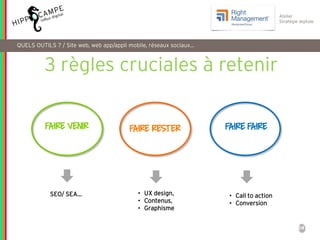 24
Atelier
Stratégie digitale
QUELS OUTILS ? / Site web, web app/appli mobile, réseaux sociaux…
FAIRE VENIR FAIRE FAIREFAIRE RESTER
3 règles cruciales à retenir
SEO/ SEA… • UX design,
• Contenus,
• Graphisme
• Call to action
• Conversion
 