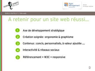 28
Atelier
Stratégie digitale
A retenir pour un site web réussi…
1
2
3
4
Axe de développement stratégique
Création soignée : ergonomie & graphisme
Contenus : concis, personnalisés, à valeur ajoutée ….
5
Interactivité & réseaux sociaux
Référencement + W3C + responsive
QUELS OUTILS ? / Site web
 