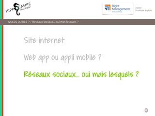 34
Atelier
Stratégie digitale
Site internet
Web app ou appli mobile ?
Réseaux sociaux… oui mais lesquels ?
QUELS OUTILS ? / Réseaux sociaux… oui mes lesquels ?
 