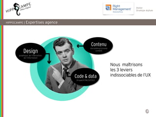 4
Atelier
Stratégie digitale
HIPPOCAMPE | Expertises agence
Design
graphique, de l’interaction,
de l’information
Code & data
Drupal/HTML5/CSS3
Nous maîtrisons
les 3 leviers
indissociables de l’UX
Contenu
storytelling & brand
content
 