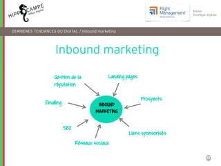 51
Atelier
Stratégie digitale
INBOUND
MARKETING
Landing pages
Prospects
Liens sponsorisés
SEO
Réseaux sociaux
Emailing
Gestion de la
réputation
DERNIERES TENDANCES DU DIGITAL / Inbound marketing
Inbound marketing
 