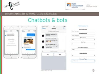 55
Atelier
Stratégie digitale
DERNIERES TENDANCES DU DIGITAL / Les chatsbots et les bots!
Chatbots & bots
 