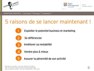 18
Reproduction interdite – document déposé chez Fidéalis
Droit de propriété intellectuelle de la société Hippocampe
SARL au capital de 8 842 € - RCS Paris B 402 069 033 – NAF: 6201Z
Atelier
Stratégie digitale
5 raisons de se lancer maintenant !
1
2
3
4
5
Exploiter le potentiel business et marketing
Se différencier
Améliorer sa rentabilité
Vendre plus & mieux
Assurer la pérennité de son activité
STRATEGIE DIGITALE : C’est quoi ? Pourquoi ? Comment ?
 