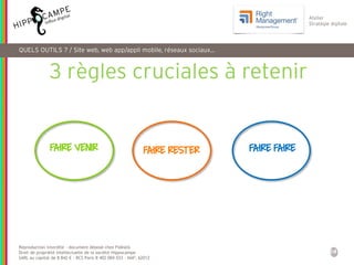 24
Reproduction interdite – document déposé chez Fidéalis
Droit de propriété intellectuelle de la société Hippocampe
SARL au capital de 8 842 € - RCS Paris B 402 069 033 – NAF: 6201Z
Atelier
Stratégie digitale
QUELS OUTILS ? / Site web, web app/appli mobile, réseaux sociaux…
FAIRE VENIR FAIRE FAIREFAIRE RESTER
3 règles cruciales à retenir
 