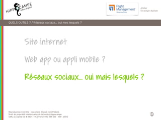 32
Reproduction interdite – document déposé chez Fidéalis
Droit de propriété intellectuelle de la société Hippocampe
SARL au capital de 8 842 € - RCS Paris B 402 069 033 – NAF: 6201Z
Atelier
Stratégie digitale
Site internet
Web app ou appli mobile ?
Réseaux sociaux… oui mais lesquels ?
QUELS OUTILS ? / Réseaux sociaux… oui mes lesquels ?
 