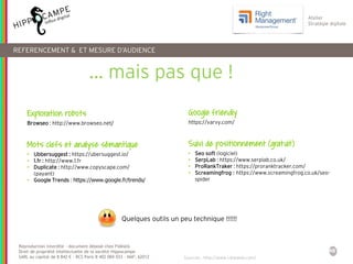 46
Reproduction interdite – document déposé chez Fidéalis
Droit de propriété intellectuelle de la société Hippocampe
SARL au capital de 8 842 € - RCS Paris B 402 069 033 – NAF: 6201Z
Atelier
Stratégie digitale
REFERENCEMENT & ET MESURE D’AUDIENCE
… mais pas que !
Exploration robots
Browseo : http://www.browseo.net/
Mots clefs et analyse sémantique
• Ubbersuggest : https://ubersuggest.io/
• 1.fr : http://www.1.fr
• Duplicate : http://www.copyscape.com/
(payant)
• Google Trends : https://www.google.fr/trends/
Sources : http://www.cibleweb.com/
Google friendly
https://varvy.com/
Suivi de positionnement (gratuit)
• Seo soft (logiciel)
• SerpLab : https://www.serplab.co.uk/
• ProRankTraker : https://proranktracker.com/
• Screamingfrog : https://www.screamingfrog.co.uk/seo-
spider
Quelques outils un peu technique !!!!!!
 