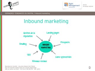 50
Reproduction interdite – document déposé chez Fidéalis
Droit de propriété intellectuelle de la société Hippocampe
SARL au capital de 8 842 € - RCS Paris B 402 069 033 – NAF: 6201Z
Atelier
Stratégie digitale
INBOUND
MARKETING
Landing pages
Prospects
Liens sponsorisés
SEO
Réseaux sociaux
Emailing
Gestion de la
réputation
DERNIERES TENDANCES DU DIGITAL / Inbound marketing
Inbound marketing
 