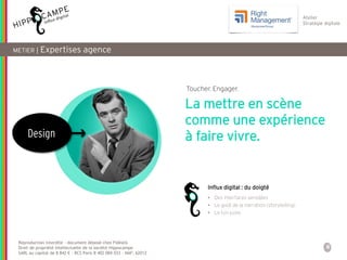 6
Reproduction interdite – document déposé chez Fidéalis
Droit de propriété intellectuelle de la société Hippocampe
SARL au capital de 8 842 € - RCS Paris B 402 069 033 – NAF: 6201Z
Atelier
Stratégie digitale
METIER | Expertises agence
La mettre en scène
comme une expérience
à faire vivre.Design
• Des interfaces sensibles
• Le goût de la narration (storytelling)
• Le ton juste
Influx digital : du doigté
Toucher. Engager.
 