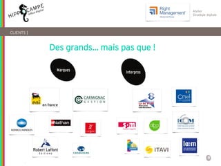 8
Reproduction interdite – document déposé chez Fidéalis
Droit de propriété intellectuelle de la société Hippocampe
SARL au capital de 8 842 € - RCS Paris B 402 069 033 – NAF: 6201Z
Atelier
Stratégie digitale
InterprosMarques
CLIENTS |
Des grands… mais pas que !
 
