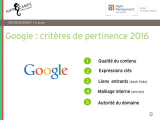 48
Atelier
Stratégie digitale
REFERENCEMENT / A savoir
Google : critères de pertinence 2016
1
2
4
Qualité du contenu
Liens...
