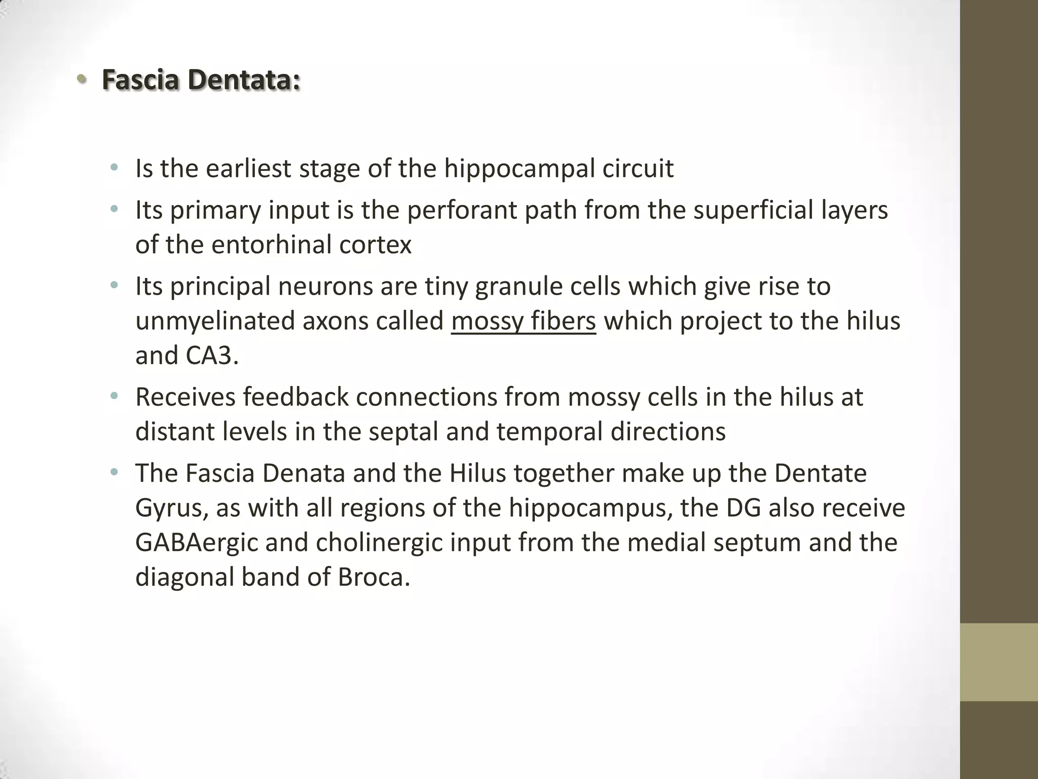 • Fascia Dentata:

  • Is the earliest stage of the hippocampal circuit
  • Its primary input is the perforant path from the superficial layers
    of the entorhinal cortex
  • Its principal neurons are tiny granule cells which give rise to
    unmyelinated axons called mossy fibers which project to the hilus
    and CA3.
  • Receives feedback connections from mossy cells in the hilus at
    distant levels in the septal and temporal directions
  • The Fascia Denata and the Hilus together make up the Dentate
    Gyrus, as with all regions of the hippocampus, the DG also receive
    GABAergic and cholinergic input from the medial septum and the
    diagonal band of Broca.
 