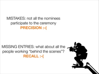 MISTAKES: not all the nominees
participate to the ceremony
PRECISION :-(
!
!
!
MISSING ENTRIES: what about all the
people ...