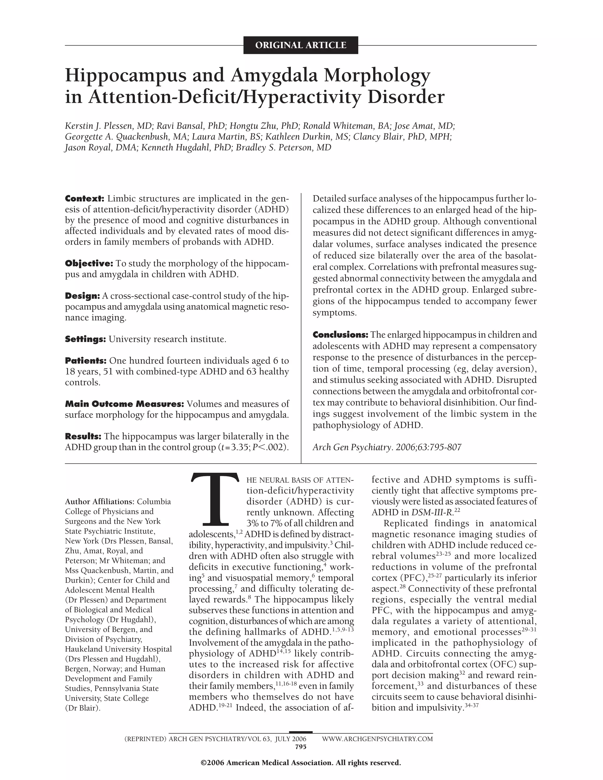 Hippocampus and amygdala morphology in attention deficit | PDF